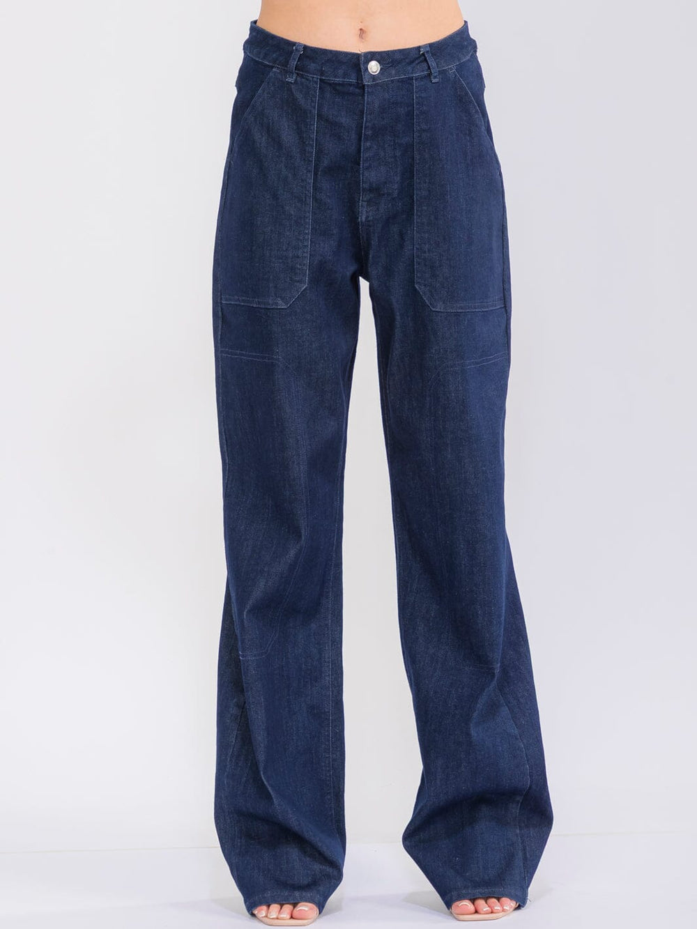 WOMEN'S BUTTON CLOSURE POCKETS WIDE LEG STRETCH DENIM PANTS