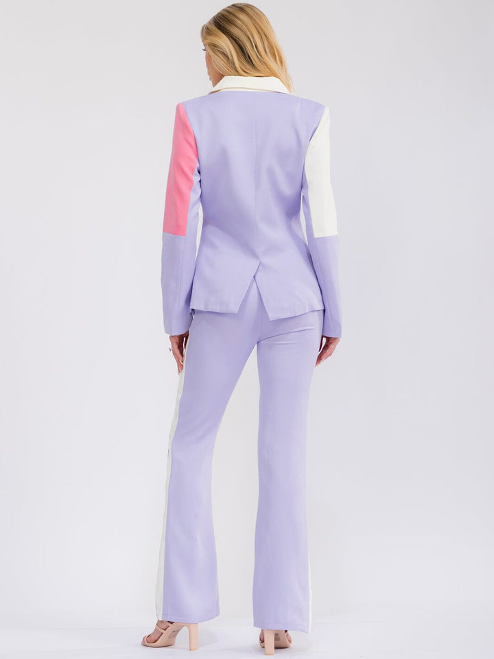 WOMEN'S LONG SLEEVE BUTTON CLOSURE BLAZER & BUTTON CLOSURE BELL LEG PANTS COLORBLOCK 2PC. SET