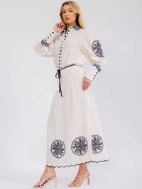 WOMEN'S LONG SLEEVE BUTTON UP TOP & ELASTIC WAIST MAXI SKIRT MULTI PRINT 2PC. SET