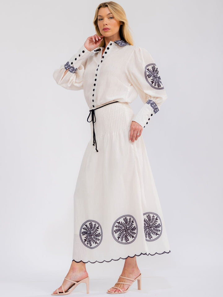 WOMEN'S LONG SLEEVE BUTTON UP TOP & ELASTIC WAIST MAXI SKIRT MULTI PRINT 2PC. SET