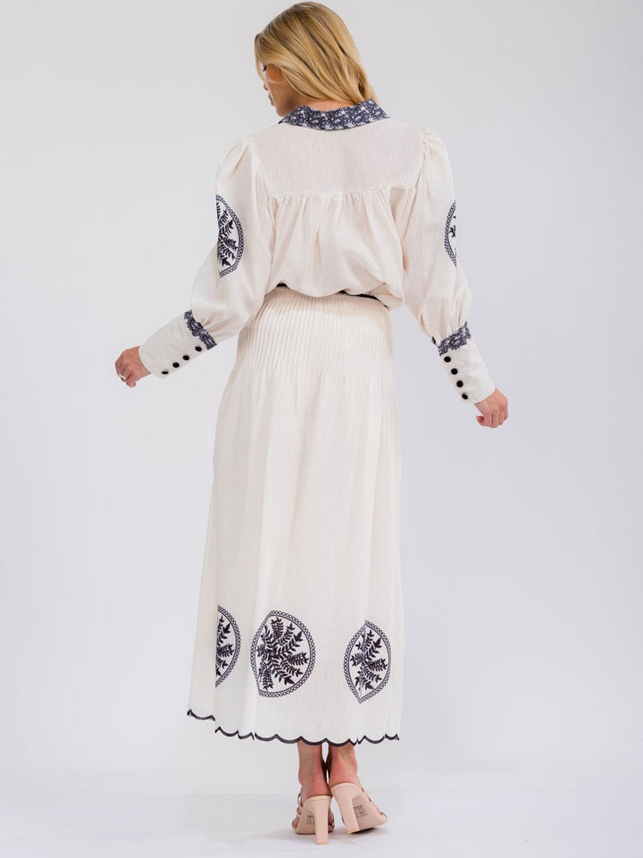 WOMEN'S LONG SLEEVE BUTTON UP TOP & ELASTIC WAIST MAXI SKIRT MULTI PRINT 2PC. SET