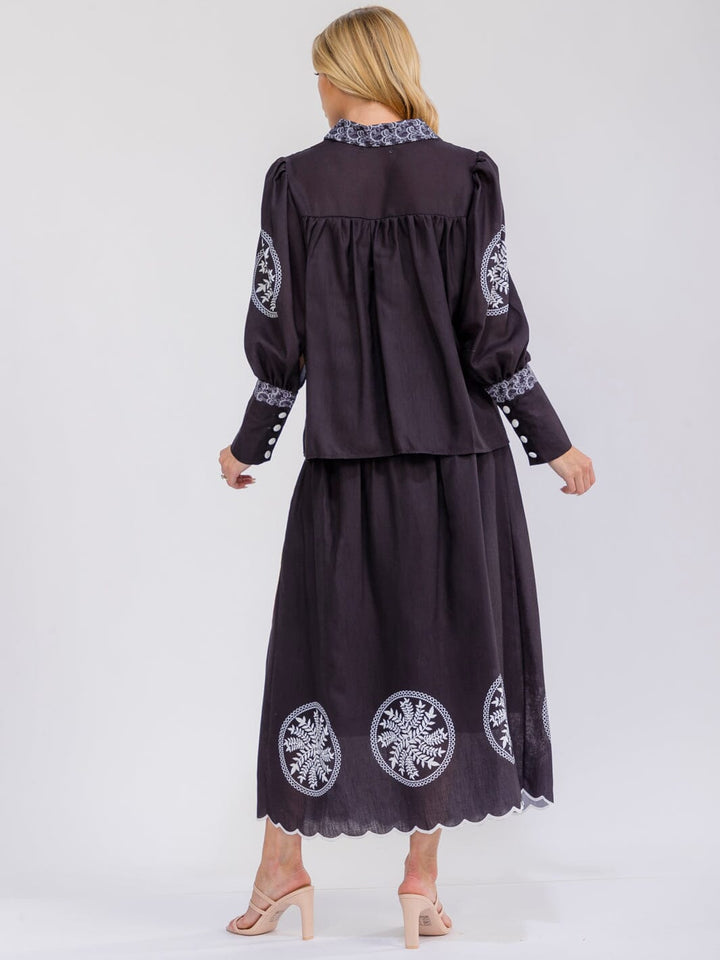 WOMEN'S LONG SLEEVE BUTTON UP TOP & ELASTIC WAIST MAXI SKIRT MULTI PRINT 2PC. SET