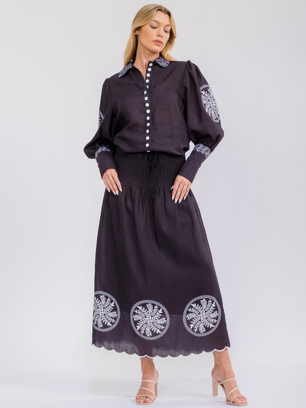 WOMEN'S LONG SLEEVE BUTTON UP TOP & ELASTIC WAIST MAXI SKIRT MULTI PRINT 2PC. SET