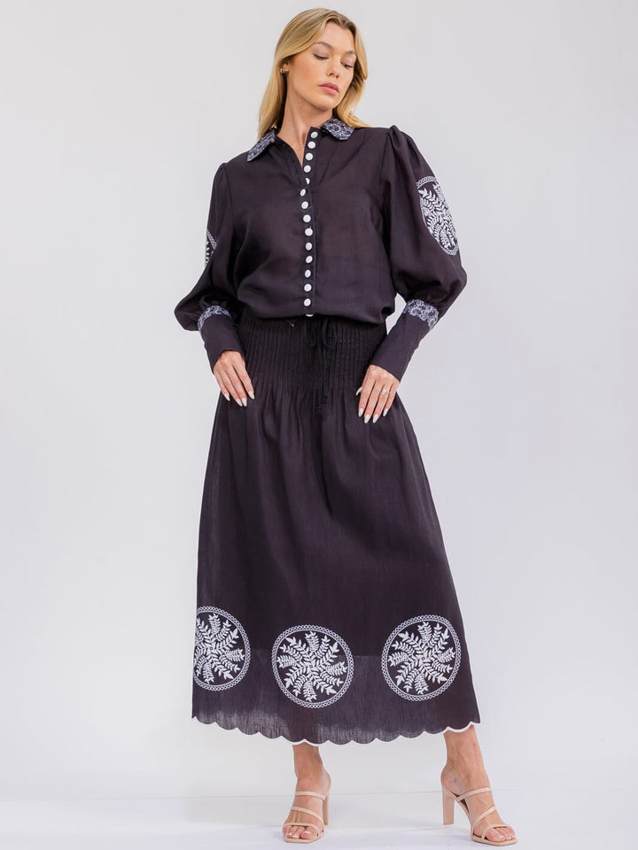WOMEN'S LONG SLEEVE BUTTON UP TOP & ELASTIC WAIST MAXI SKIRT MULTI PRINT 2PC. SET