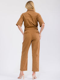 WOMEN'S SHORT SLEEVE ZIP UP POCKETS STRETCH DENIM JUMPSUIT