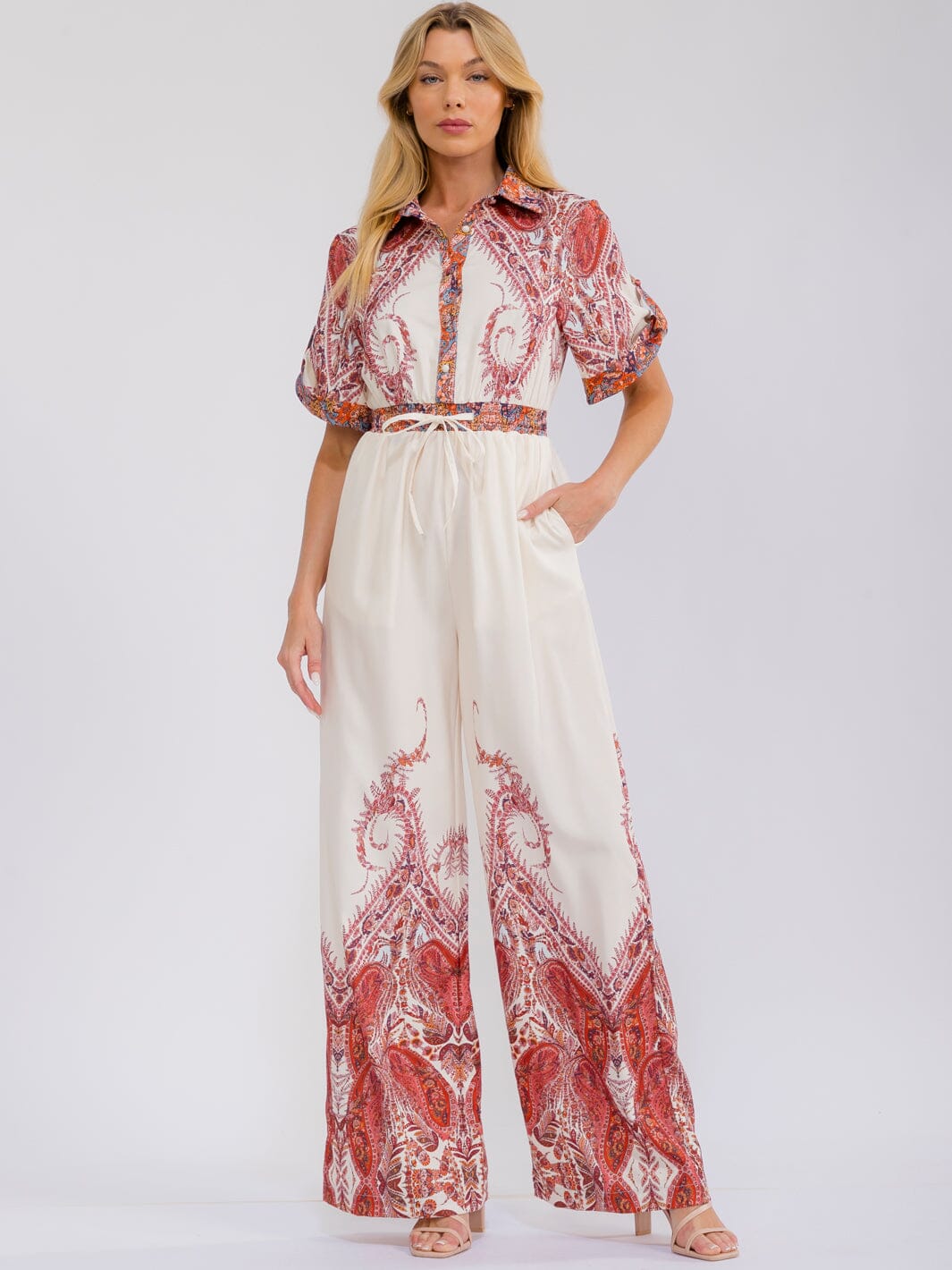 WOMEN'S SHORT SLEEVE FRONT POCKETS NUTTON UP WIDE LEG MULTI PRINT JUMPSUIT