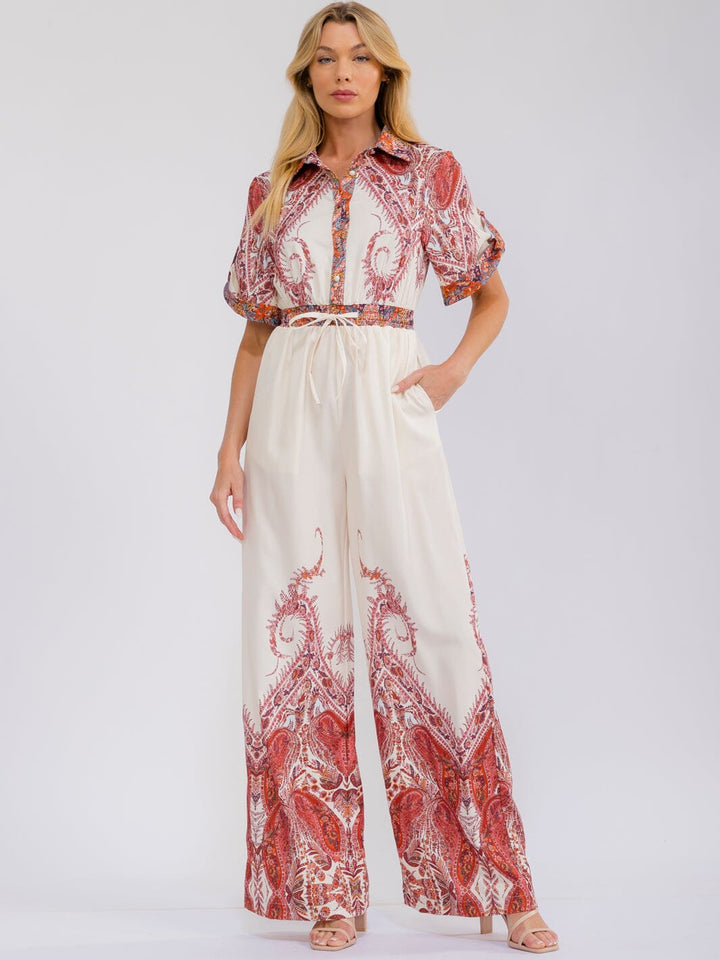 WOMEN'S SHORT SLEEVE FRONT POCKETS NUTTON UP WIDE LEG MULTI PRINT JUMPSUIT