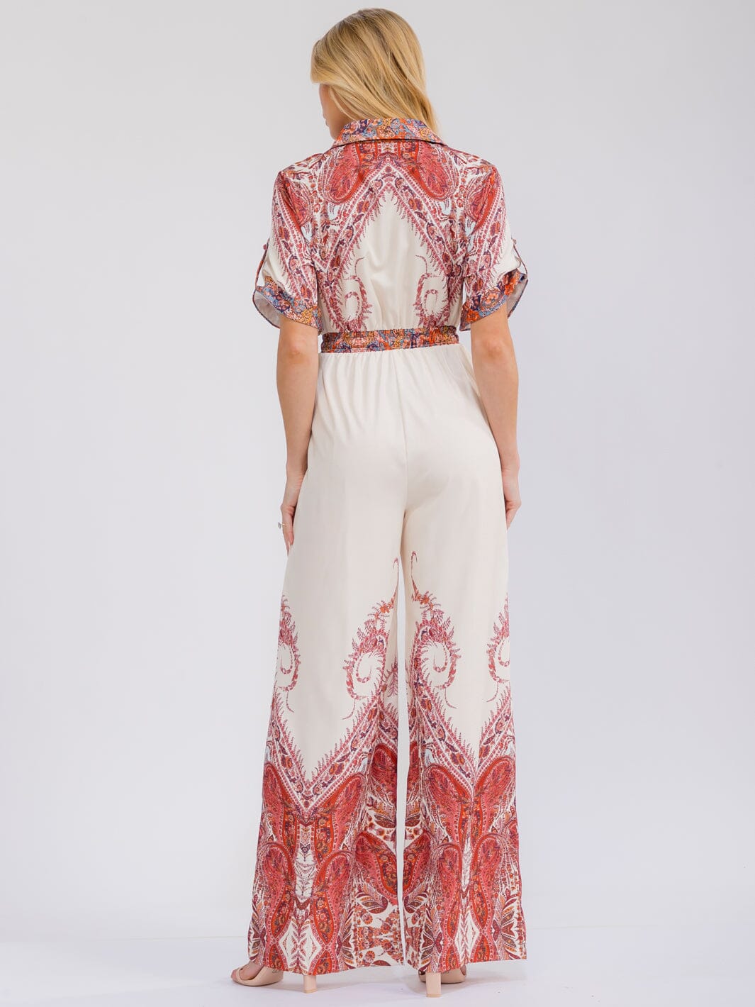 WOMEN'S SHORT SLEEVE FRONT POCKETS NUTTON UP WIDE LEG MULTI PRINT JUMPSUIT