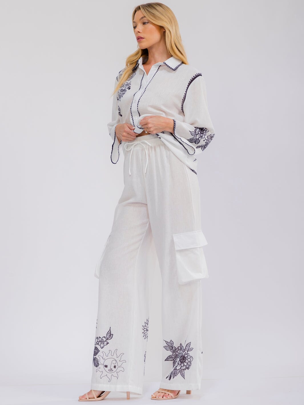 WOMEN'S LONG SLEEVE BUTTON UP TOP & ELASTIC WAIST WIDE LEG PANTS MULTI PRINT 2PC. SET