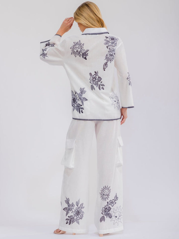 WOMEN'S LONG SLEEVE BUTTON UP TOP & ELASTIC WAIST WIDE LEG PANTS MULTI PRINT 2PC. SET