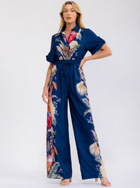 WOMEN'S SHORT SLEEVE BUTTON UP ELASTIC WAIST POCKETS WIDE LEG MULTI PRINT JUMPSUIT