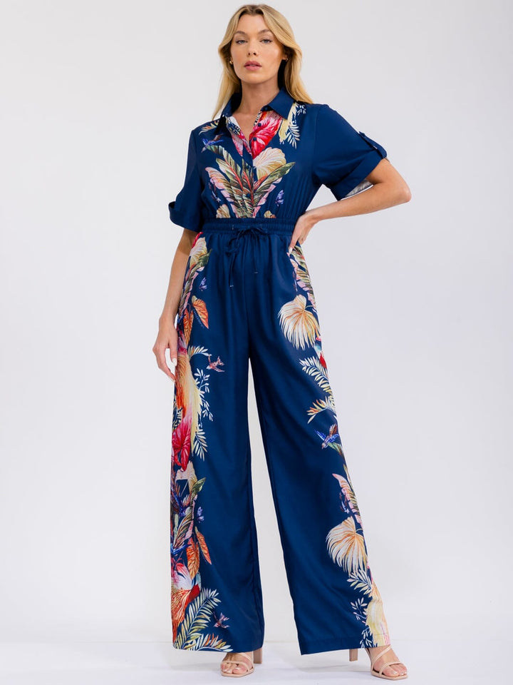 WOMEN'S SHORT SLEEVE BUTTON UP ELASTIC WAIST POCKETS WIDE LEG MULTI PRINT JUMPSUIT