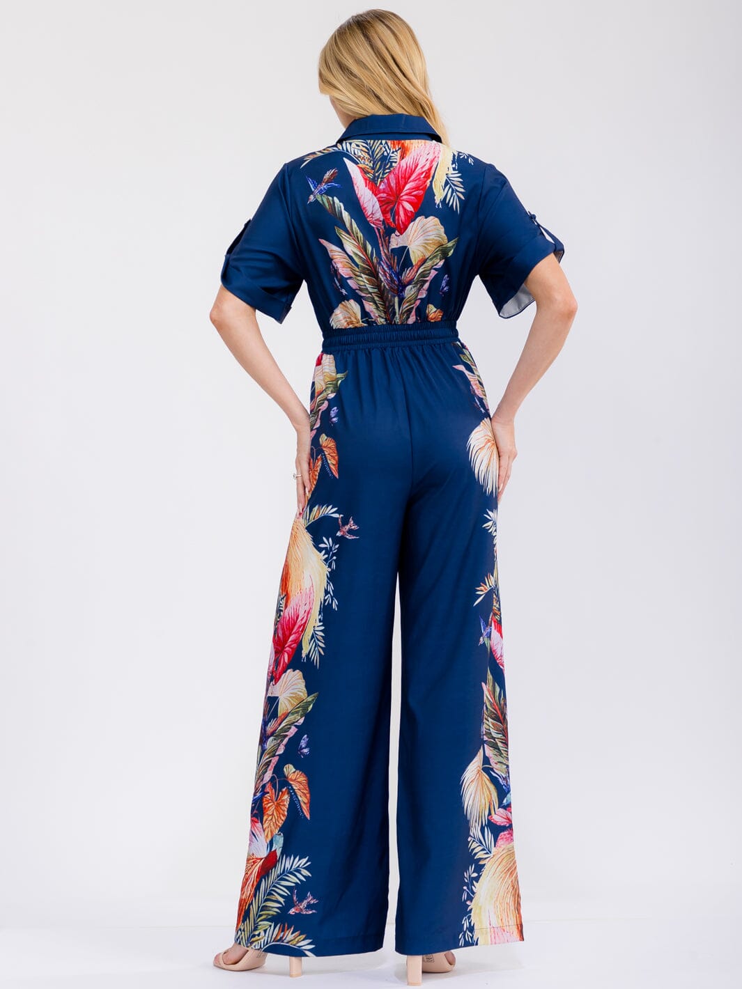 WOMEN'S SHORT SLEEVE BUTTON UP ELASTIC WAIST POCKETS WIDE LEG MULTI PRINT JUMPSUIT