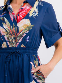 WOMEN'S SHORT SLEEVE BUTTON UP ELASTIC WAIST POCKETS WIDE LEG MULTI PRINT JUMPSUIT