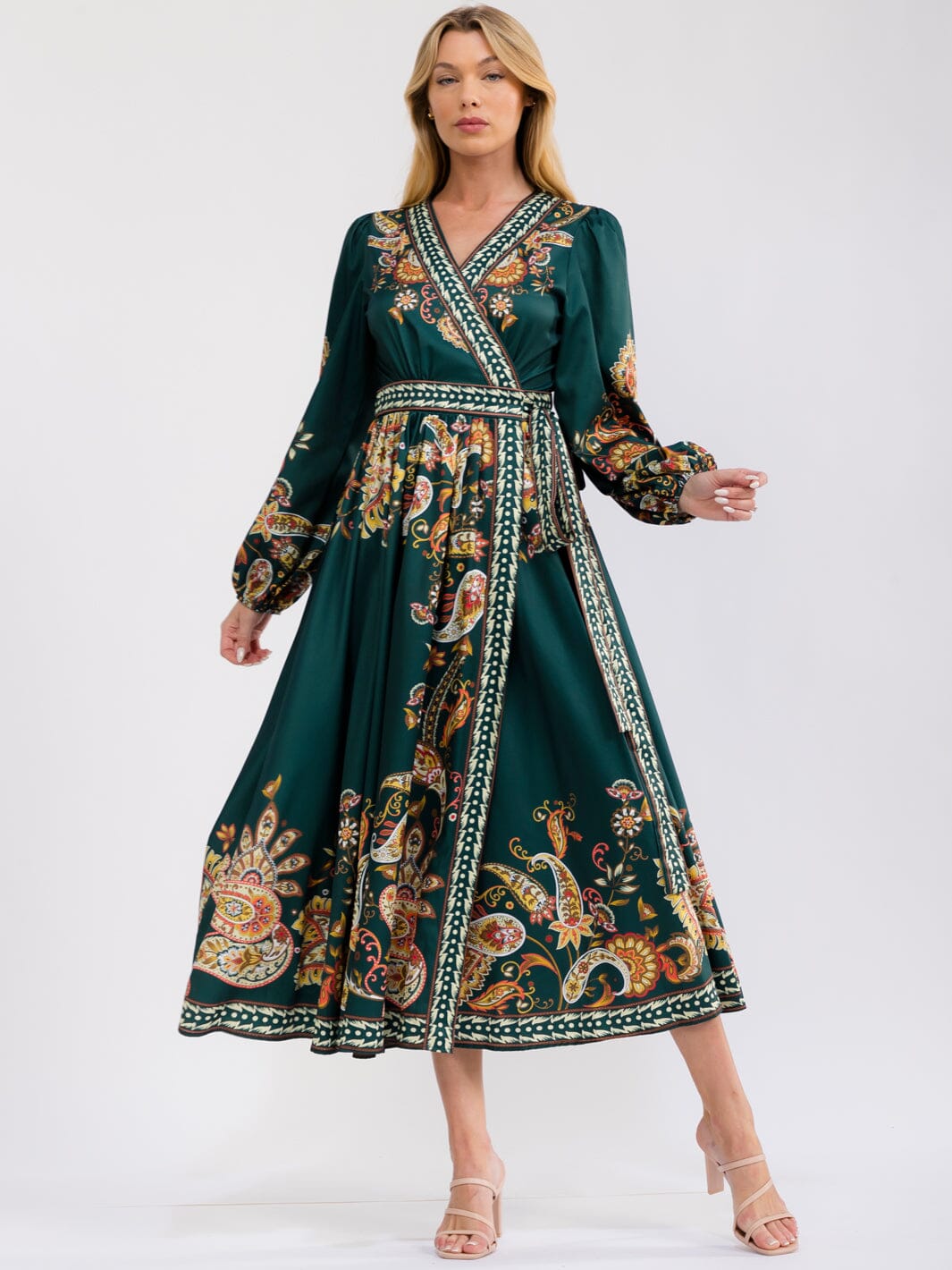 WOMEN'S LONG SLEEVE V-NECK WRAP SELF TIE MULTI PRINT MAXI DRESS