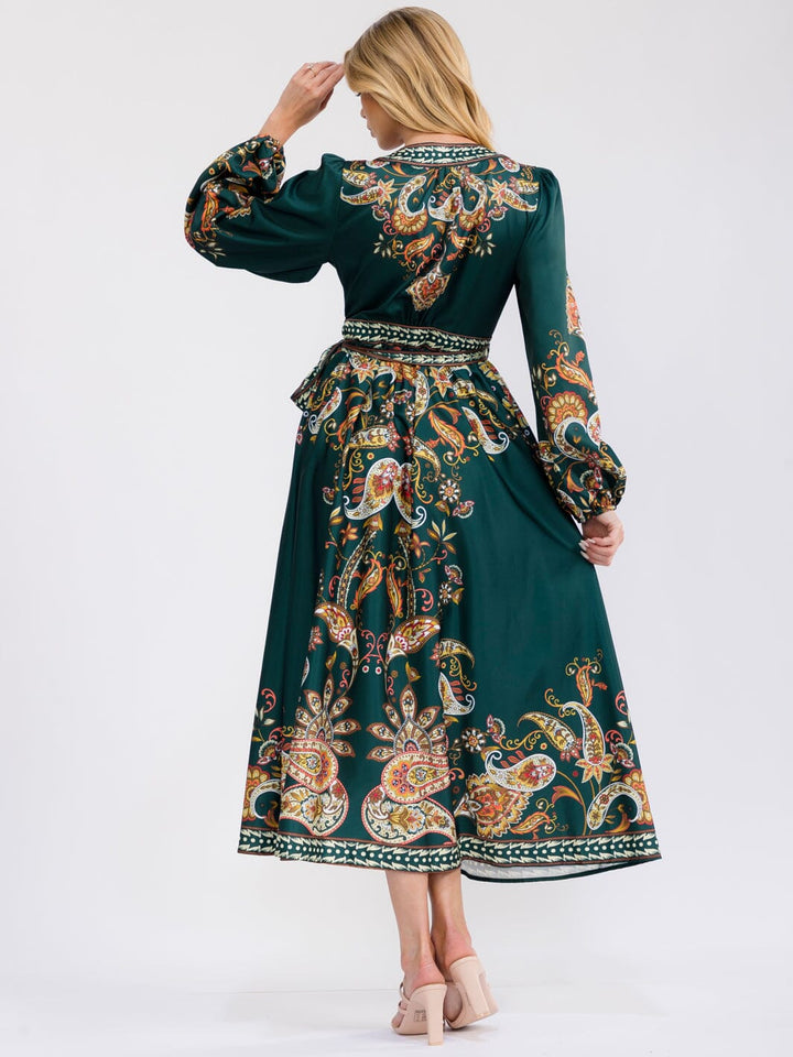 WOMEN'S LONG SLEEVE V-NECK WRAP SELF TIE MULTI PRINT MAXI DRESS
