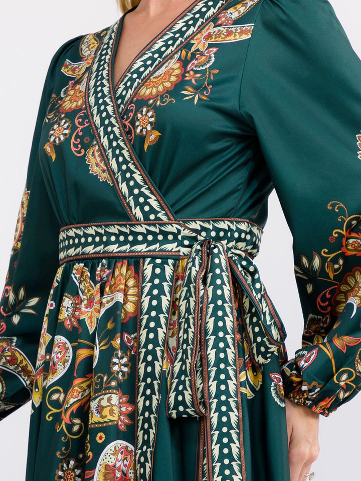 WOMEN'S LONG SLEEVE V-NECK WRAP SELF TIE MULTI PRINT MAXI DRESS