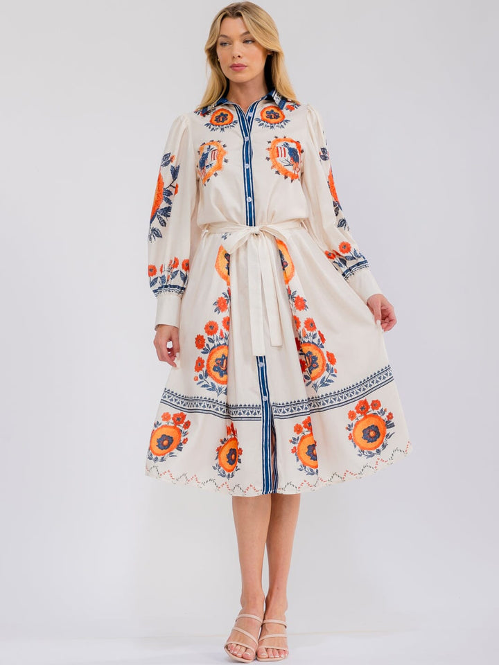 WOMEN'S LONG SLEEVE BUTTON UP SELF TIE FLORAL MIDI DRESS