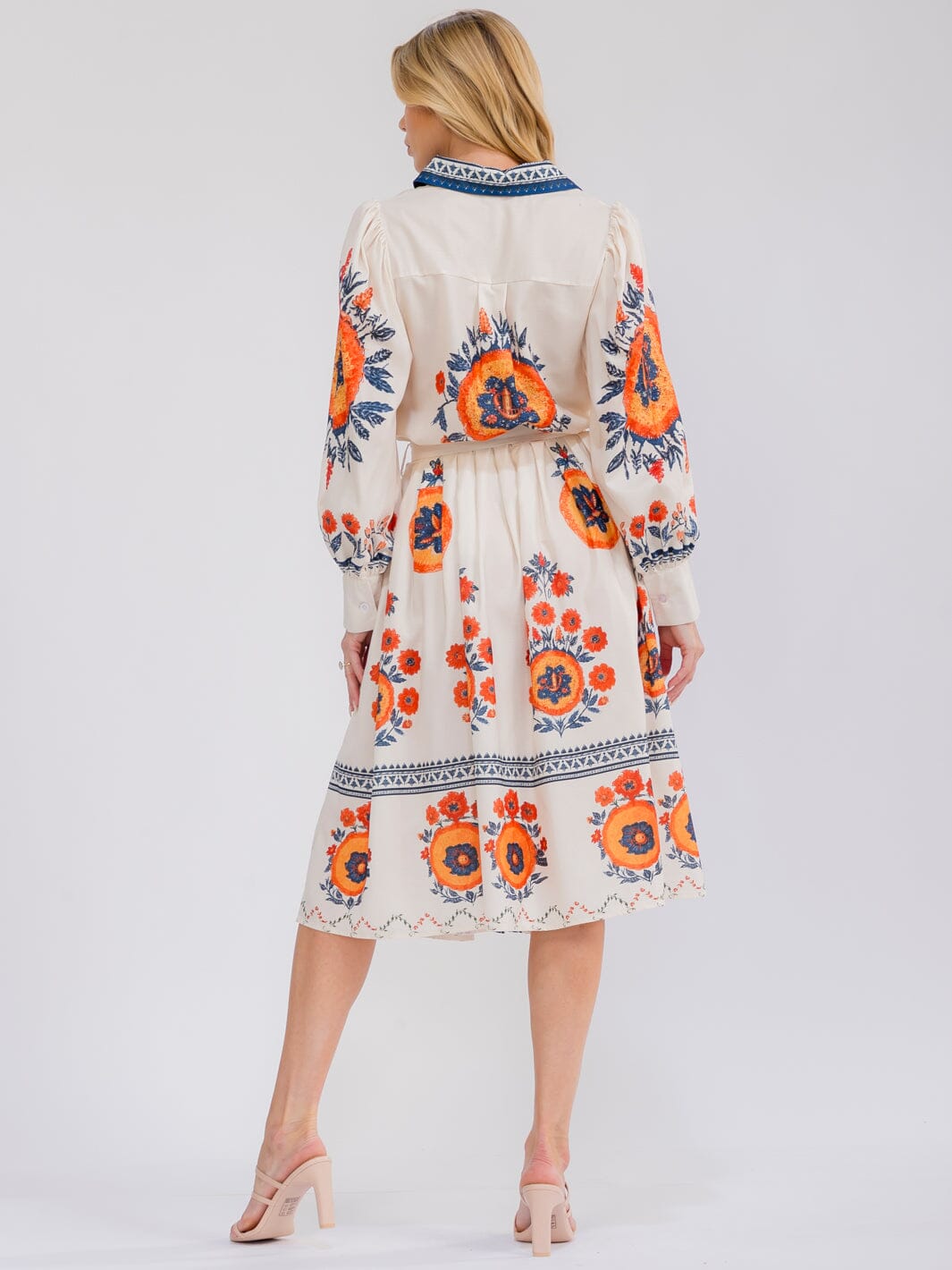 WOMEN'S LONG SLEEVE BUTTON UP SELF TIE FLORAL MIDI DRESS