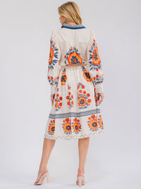WOMEN'S LONG SLEEVE BUTTON UP SELF TIE FLORAL MIDI DRESS