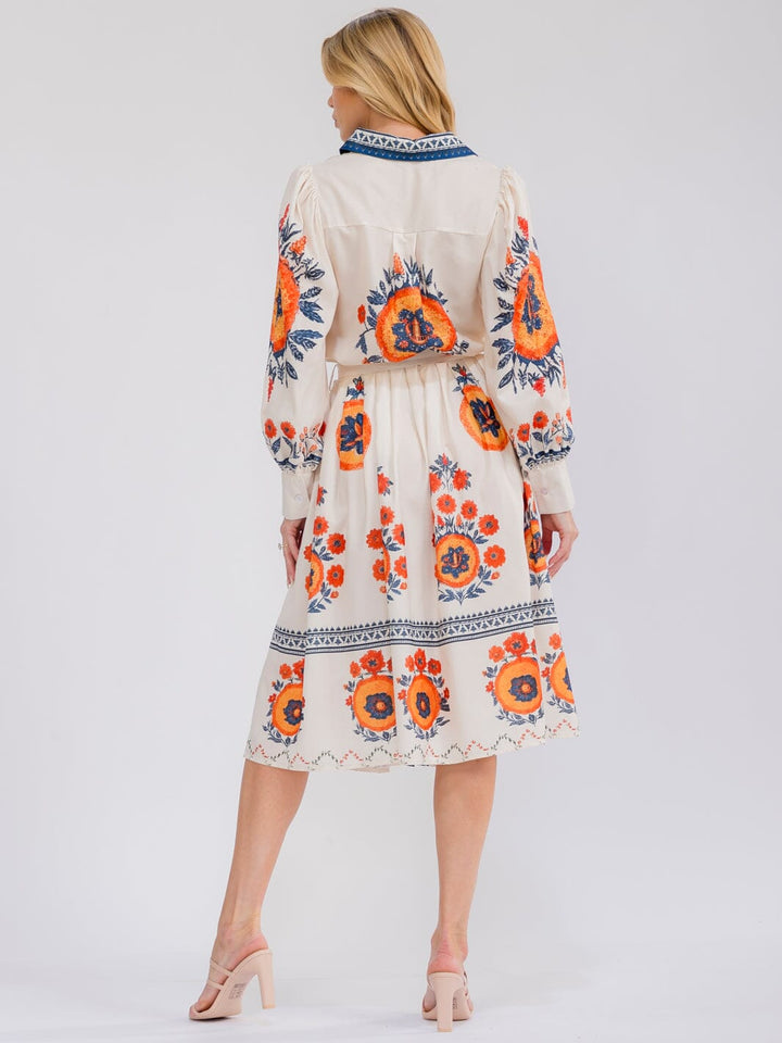 WOMEN'S LONG SLEEVE BUTTON UP SELF TIE FLORAL MIDI DRESS