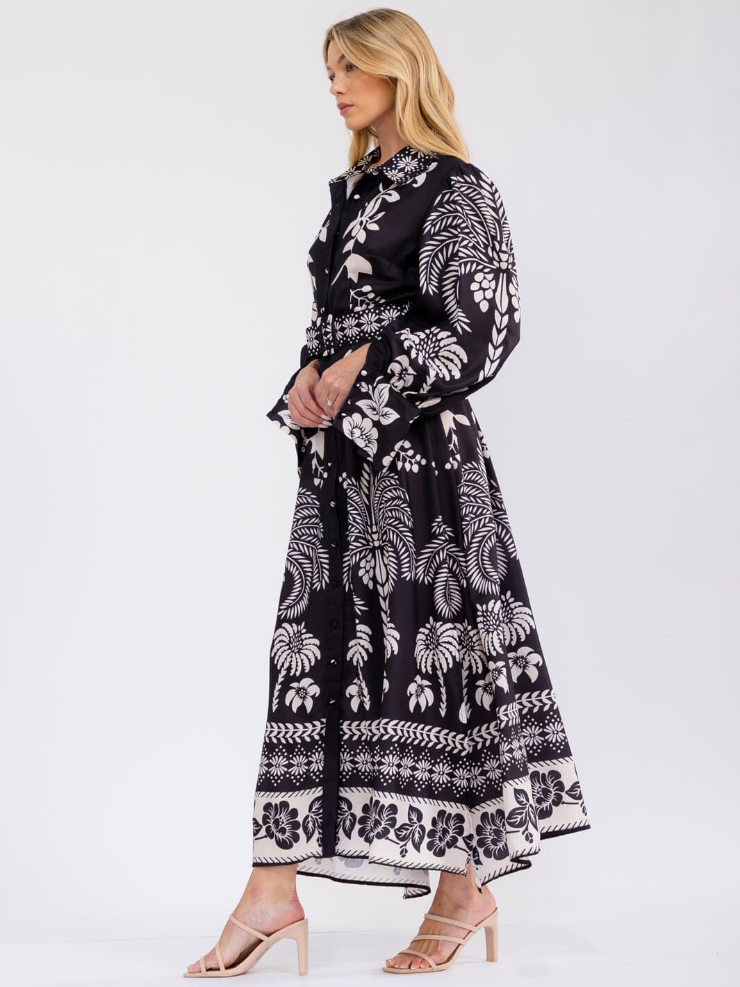 WOMEN'S LONG SLEEVE V-NECK BUTTON UP BELTED FLORAL PRINT MAXI DRESS
