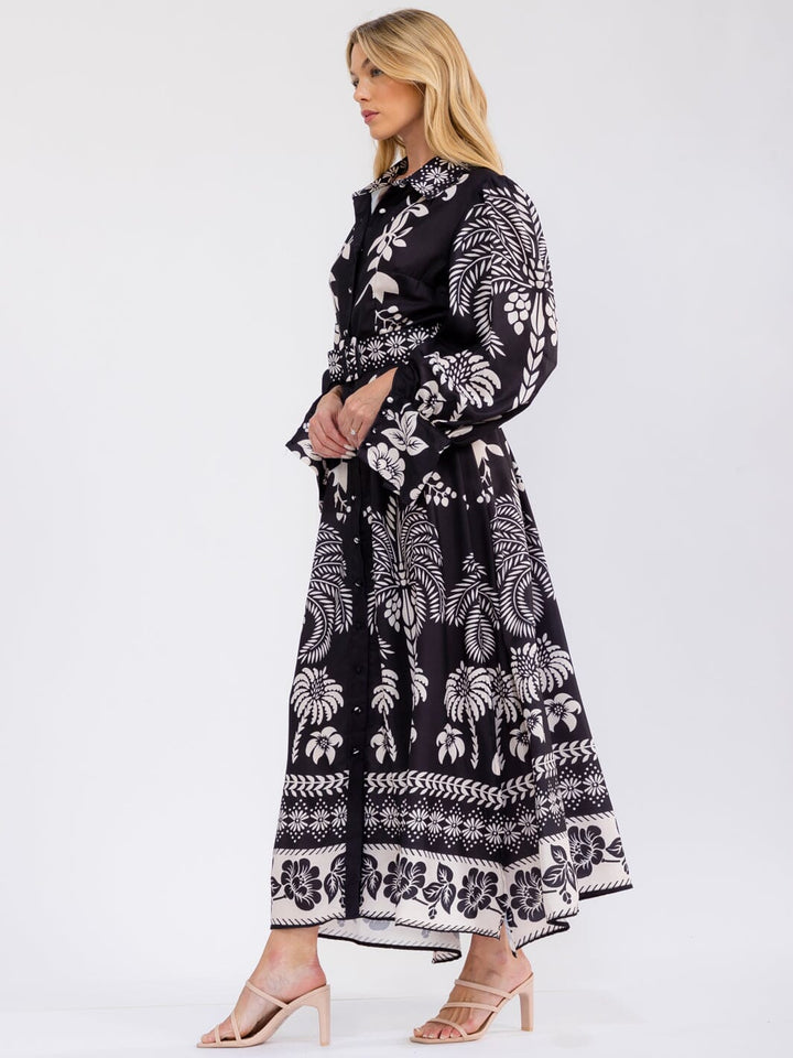 WOMEN'S LONG SLEEVE V-NECK BUTTON UP BELTED FLORAL PRINT MAXI DRESS