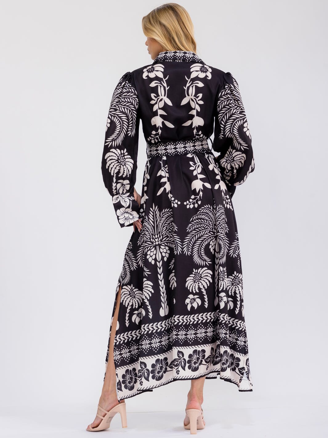 WOMEN'S LONG SLEEVE V-NECK BUTTON UP BELTED FLORAL PRINT MAXI DRESS