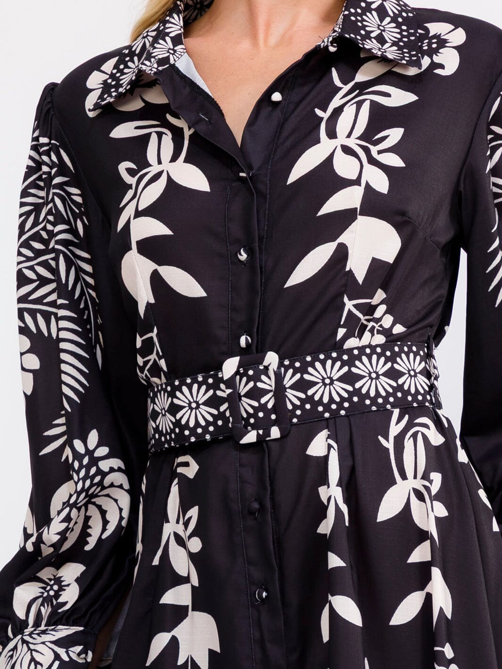 WOMEN'S LONG SLEEVE V-NECK BUTTON UP BELTED FLORAL PRINT MAXI DRESS