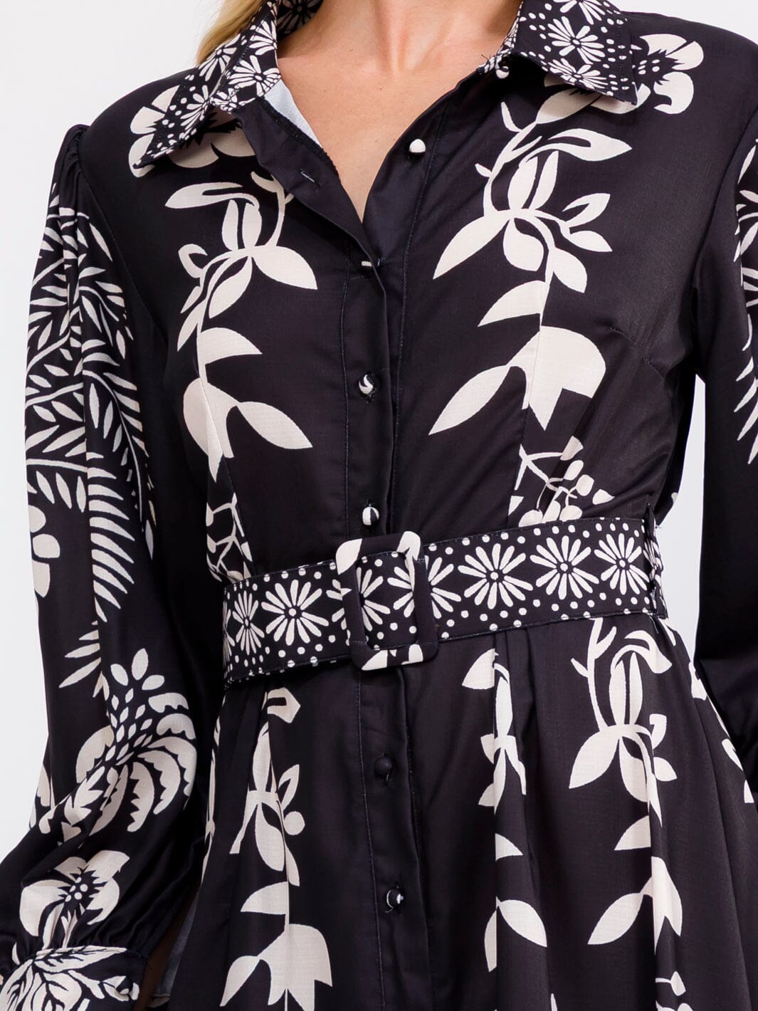 WOMEN'S LONG SLEEVE V-NECK BUTTON UP BELTED FLORAL PRINT MAXI DRESS
