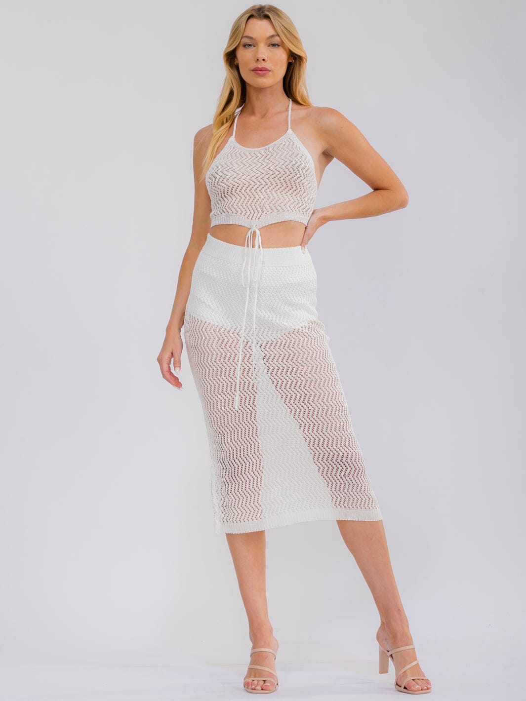 WOMEN'S SLEEVELESS CROP TOP & ELASTIC WAIST MIDI SKIRT CROCHET 2PC. SET