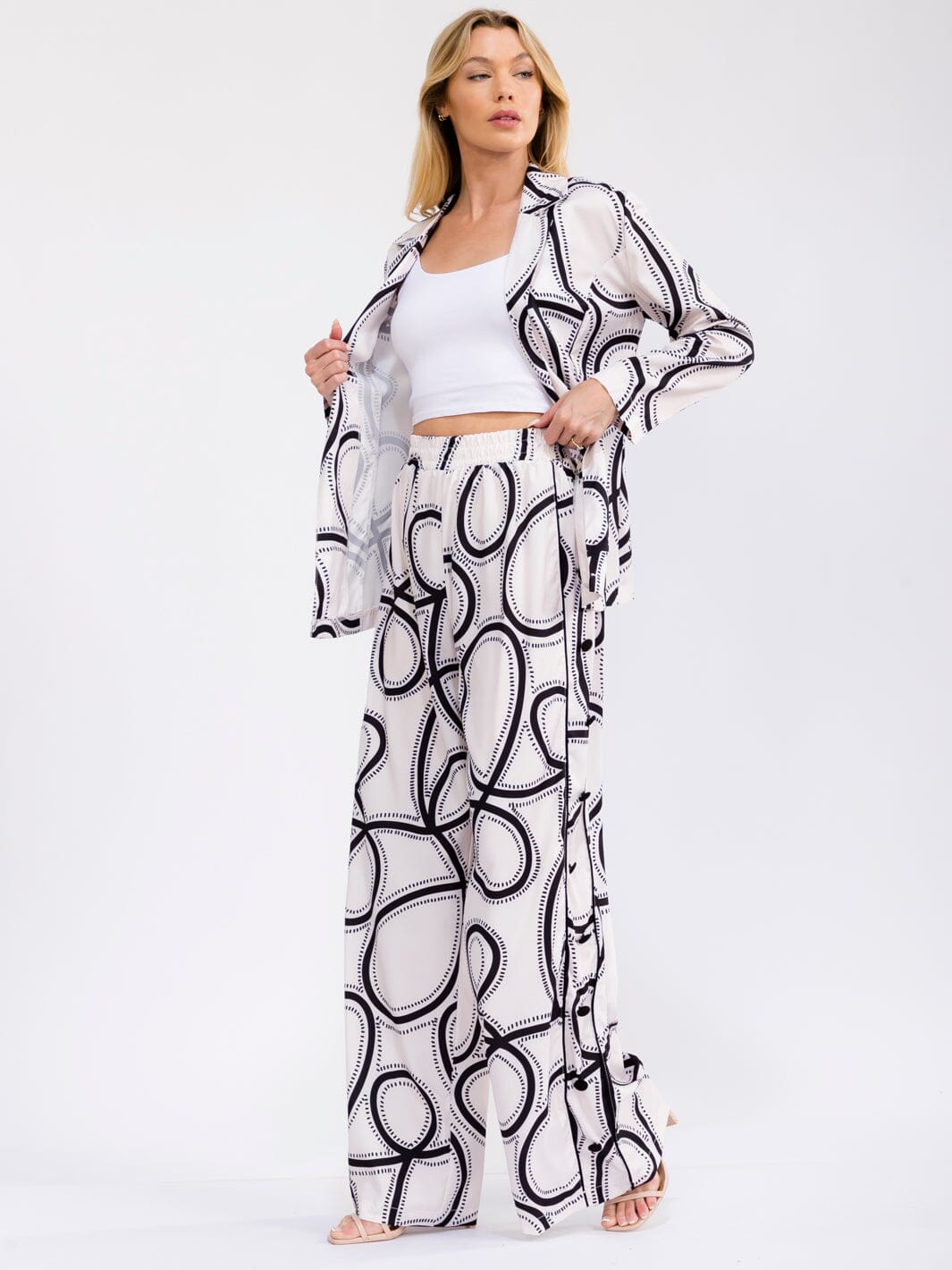 WOMEN'S LONG SLEEVE BLAZER & ELASTIC WAIST WIDE LEG PANTS MULTI PRINT 2PC. SET