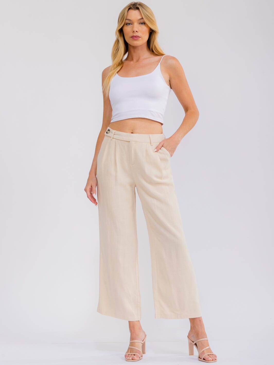 WOMEN'S BUTTON CLOSURE FRONT POCKETS WIDE LEG PANTS
