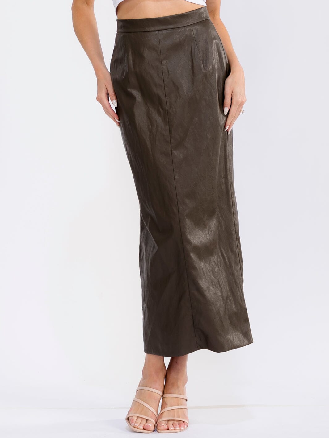 WOMEN'S ZIP UP BACK SLIT PU PLEATHER MAXI SKIRT