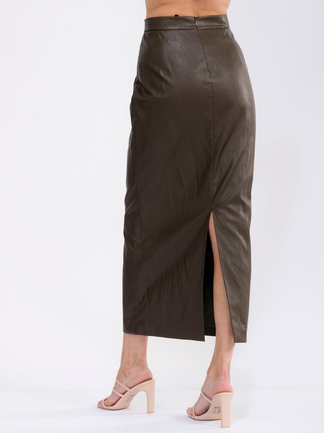 WOMEN'S ZIP UP BACK SLIT PU PLEATHER MAXI SKIRT