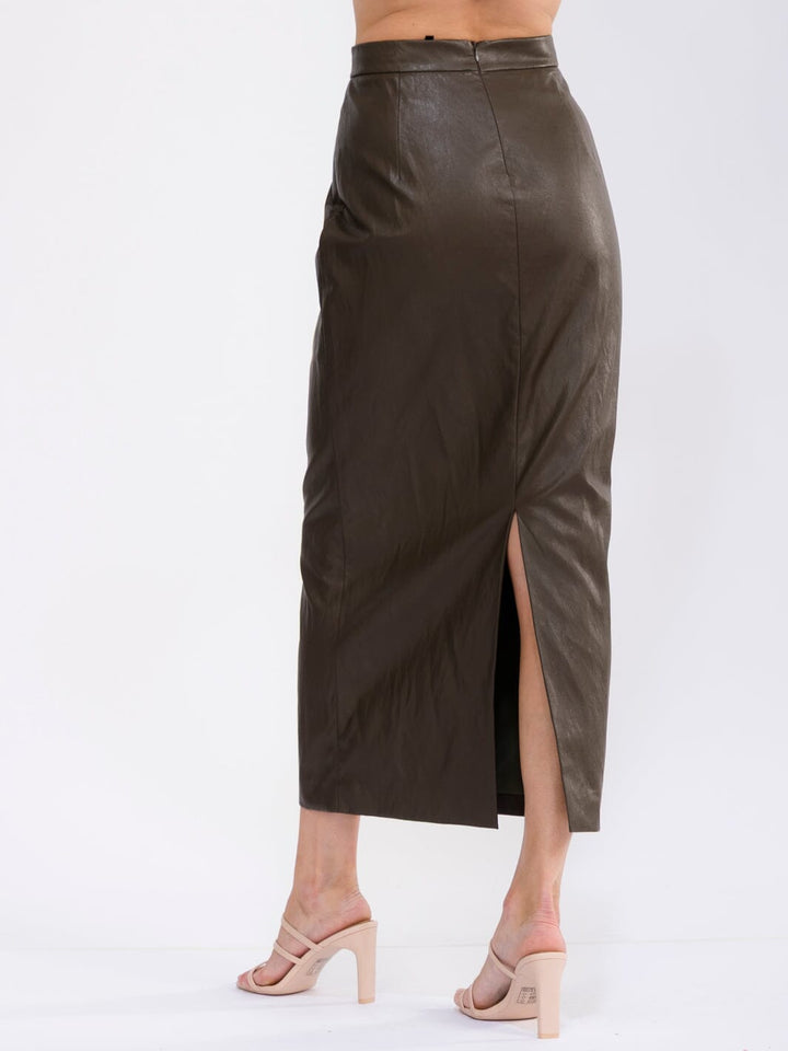 WOMEN'S ZIP UP BACK SLIT PU PLEATHER MAXI SKIRT
