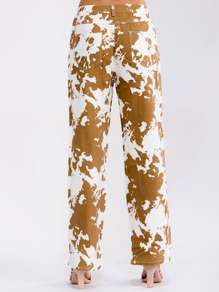 WOMEN'S BUTTON CLOSURE POCKETS ANIMAL PRINT STRAIGHT LEG DENIM PANTS