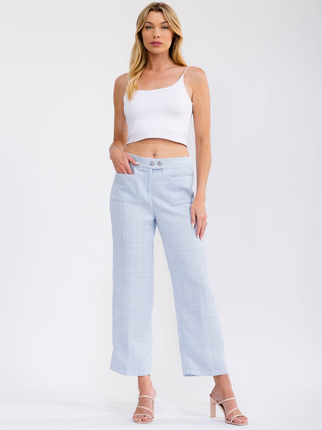 WOMEN'S BUTTON CLOSURE FRONT POCKETS TWEED WIDE LEG PANTS