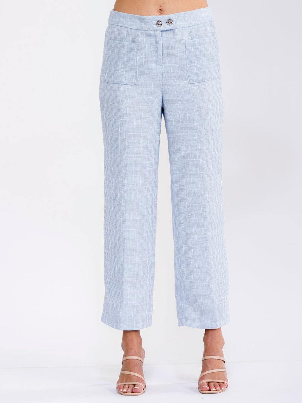 WOMEN'S BUTTON CLOSURE FRONT POCKETS TWEED WIDE LEG PANTS