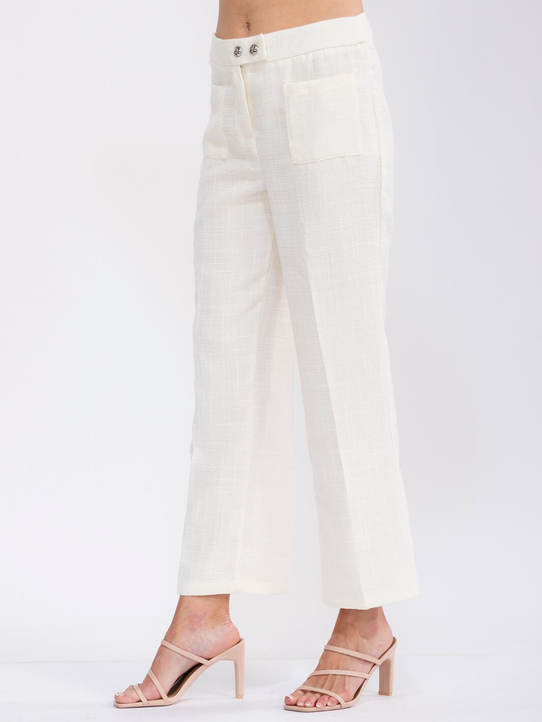 WOMEN'S BUTTON CLOSURE FRONT POCKETS TWEED WIDE LEG PANTS