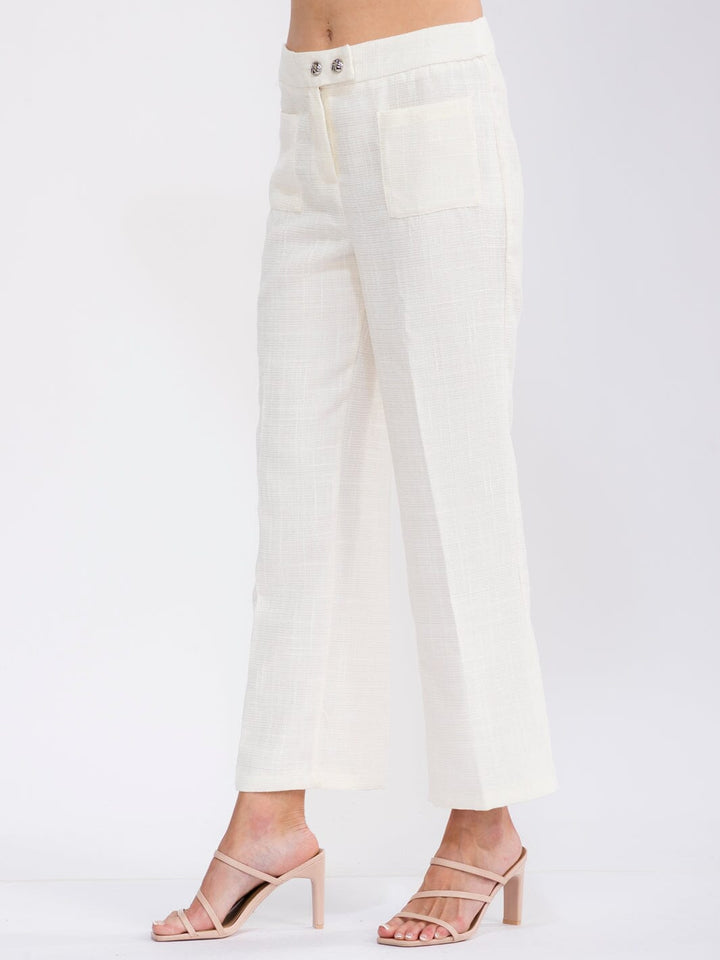 WOMEN'S BUTTON CLOSURE FRONT POCKETS TWEED WIDE LEG PANTS