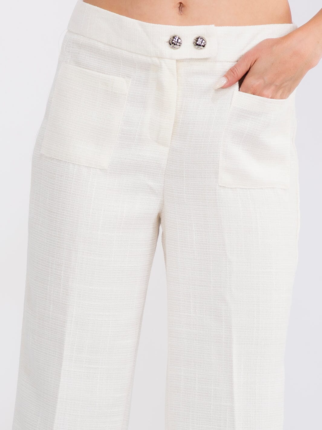 WOMEN'S BUTTON CLOSURE FRONT POCKETS TWEED WIDE LEG PANTS