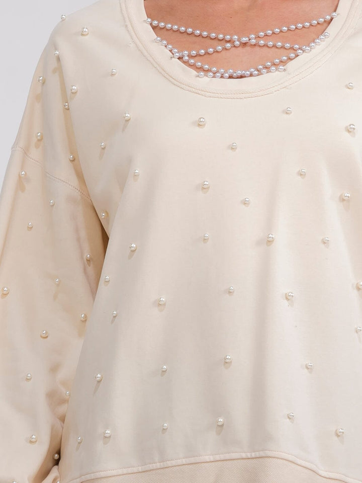 WOMEN'S LONG SLEEVE HIGH-LOW PEARL DETAILED PULLOVER SWEATER