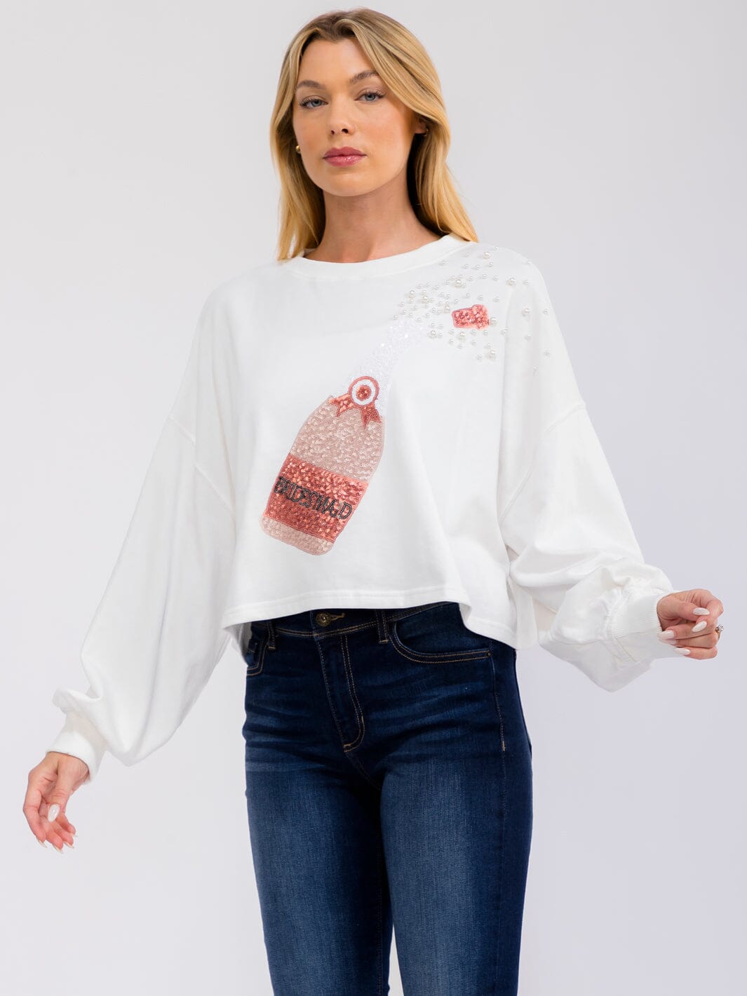 WOMEN'S LONG SLEEVE PEARL SEQUINS GRAPHIC TOP
