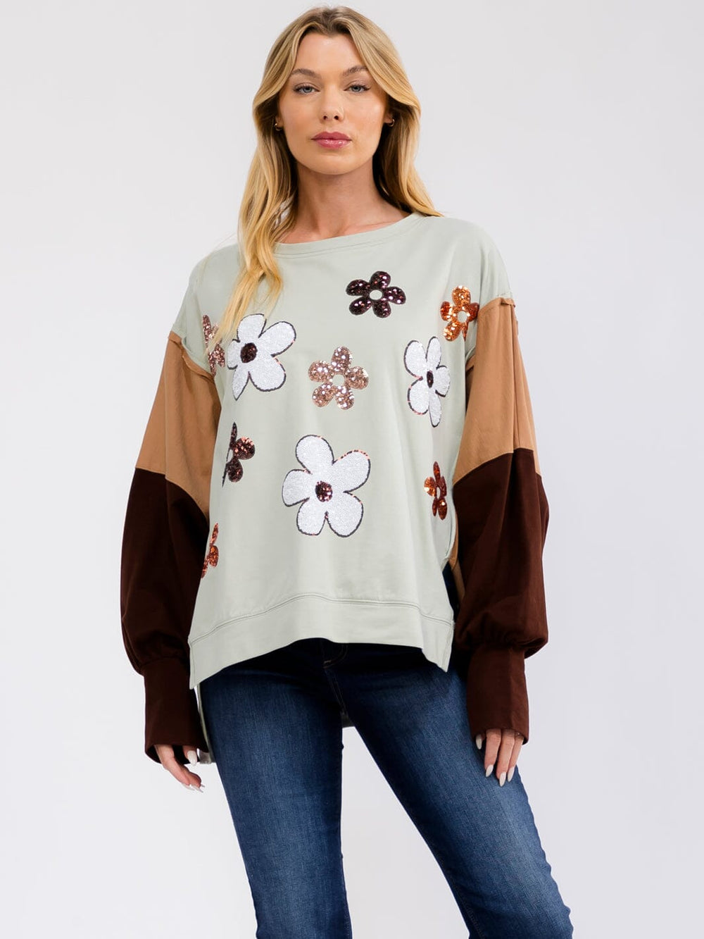 WOMEN'S LONG SLEEVE HIGH-LOW FLORAL GRAPHIC PULLOVER SWEATER