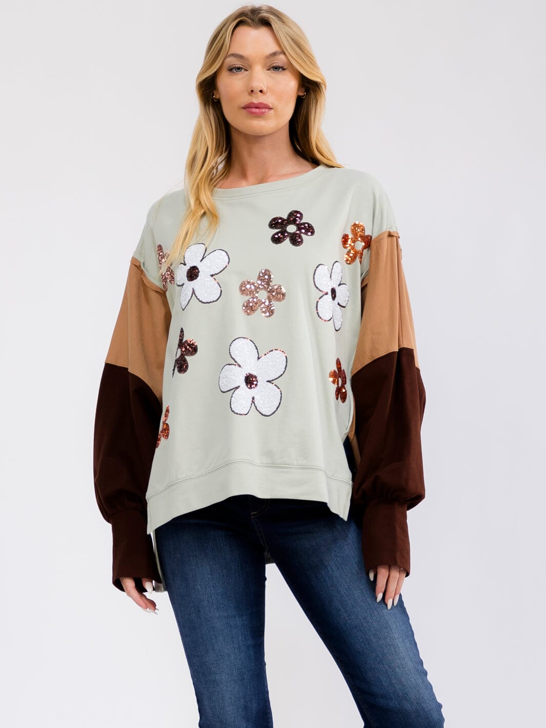 WOMEN'S LONG SLEEVE HIGH-LOW FLORAL GRAPHIC PULLOVER SWEATER