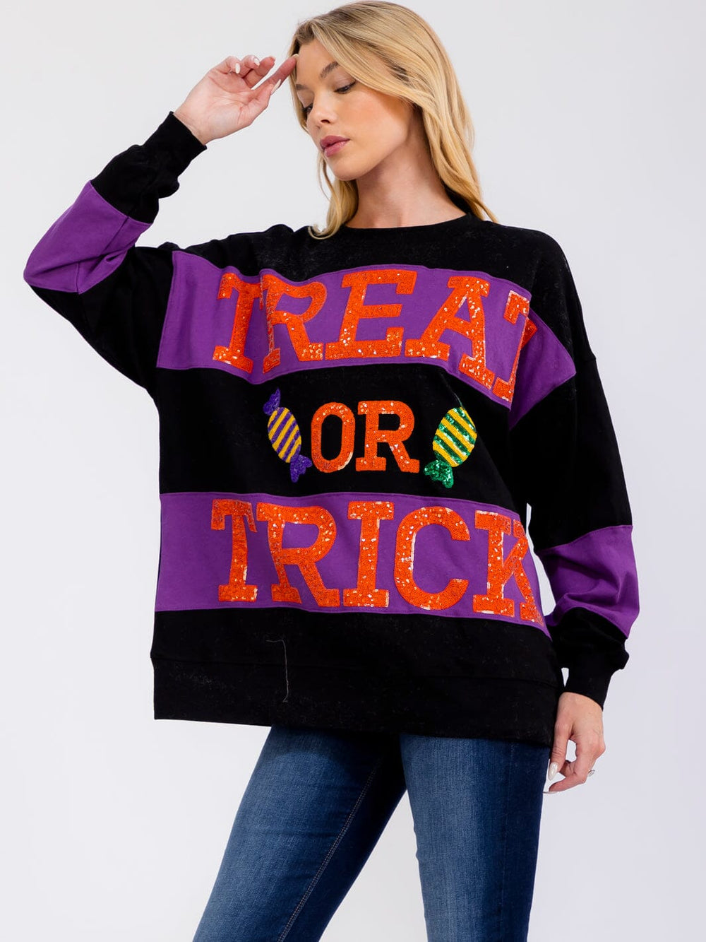 WOMEN'S LONG SLEEVE SEQUINS TREAT OR TRICK PULLOVER SWEATER