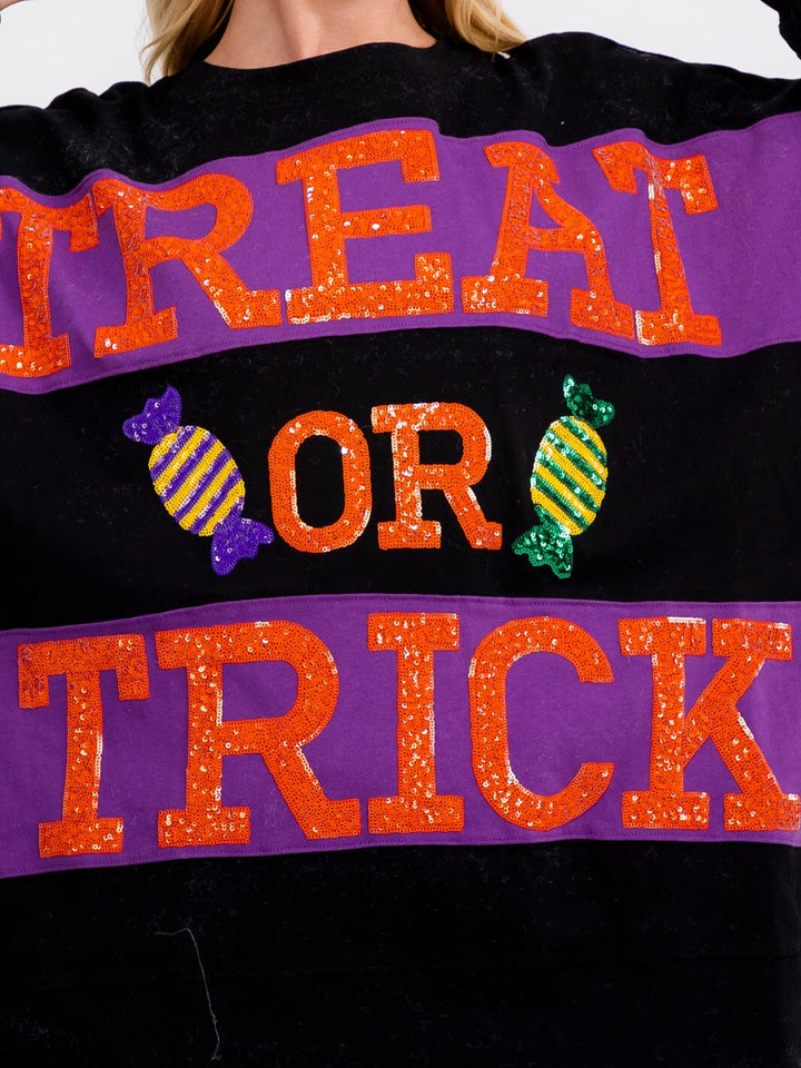 WOMEN'S LONG SLEEVE SEQUINS TREAT OR TRICK PULLOVER SWEATER