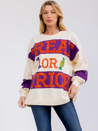 WOMEN'S LONG SLEEVE SEQUINS TREAT OR TRICK PULLOVER SWEATER