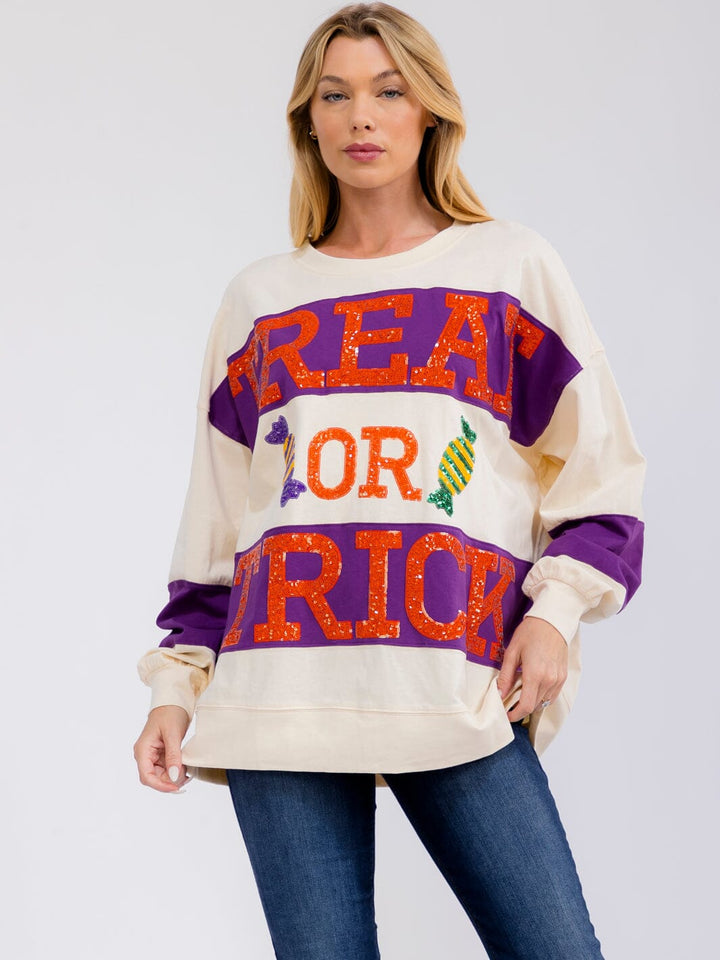 WOMEN'S LONG SLEEVE SEQUINS TREAT OR TRICK PULLOVER SWEATER